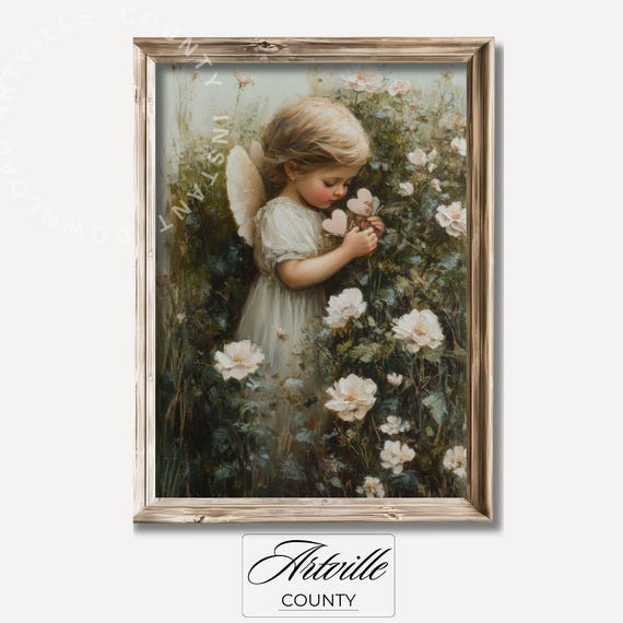 Adorable Angel Child Wall Art Cute Angel Girl Print Neutral Nursery Decor Flowers Artwork Vintage Floral Painting