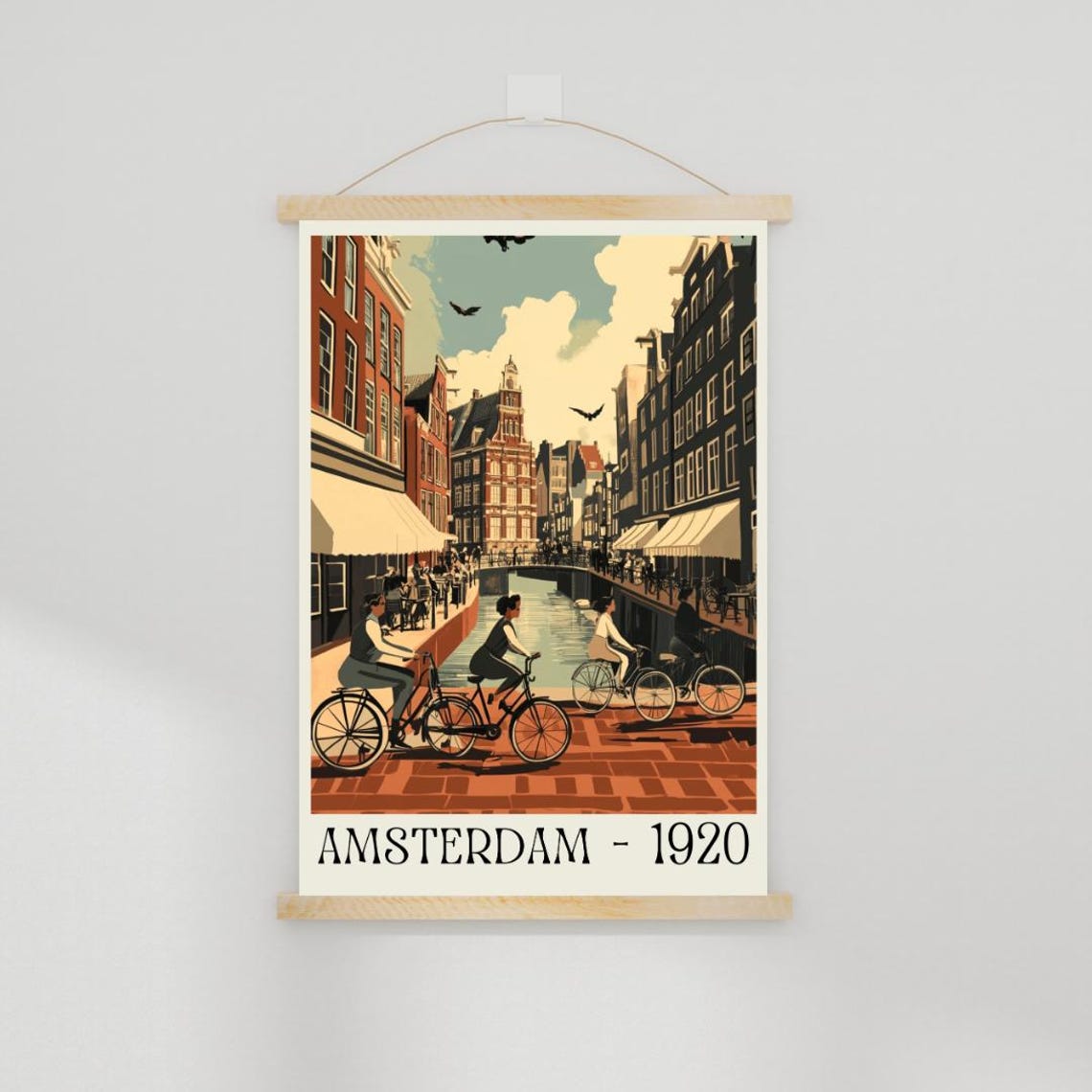 Amsterdam 1920 Poster with Canal Cyclists and Brick Buildings - Image 2