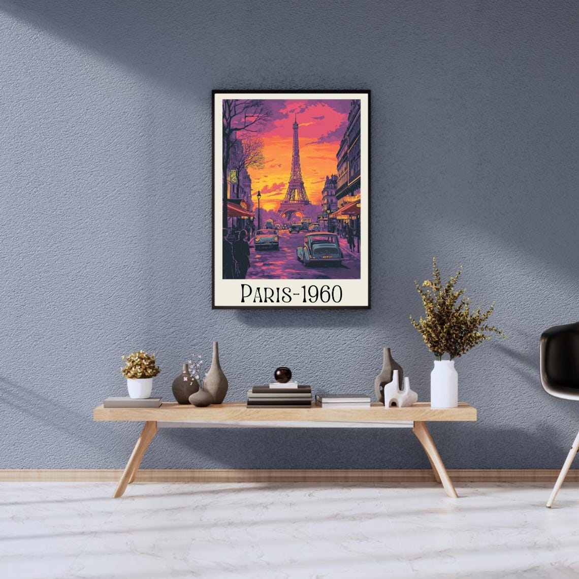 Paris 1960 Retro Poster with Eiffel Tower at Sunset and Vintage Cars - Image 3