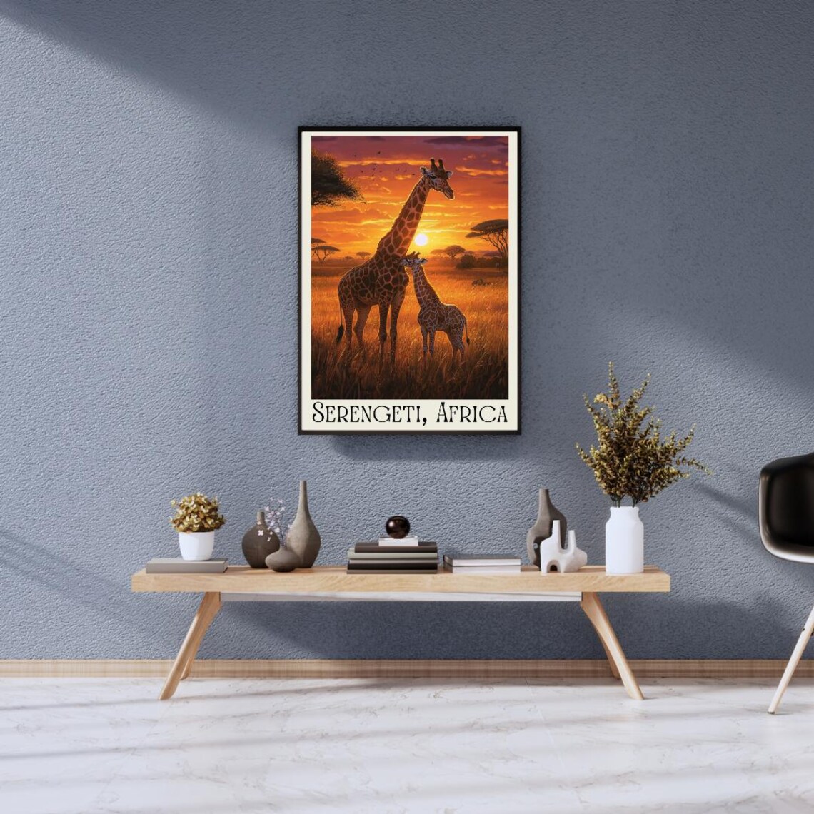 Serengeti Africa Poster with Giraffe Mother and Calf at Sunset - Image 5