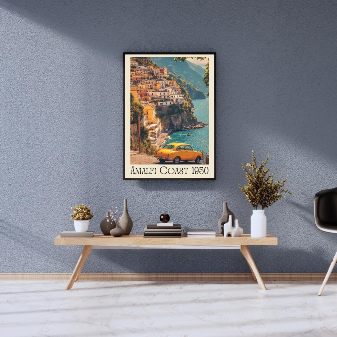 Amalfi Coast 1950 Poster with Yellow Vintage Car and Cliffside Town - Image 5