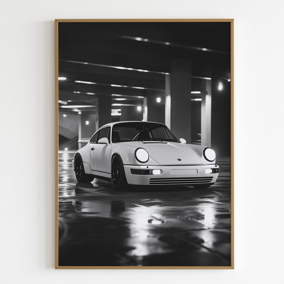 White Porsche 911 Night Garage Black And White Moody Photo Poster