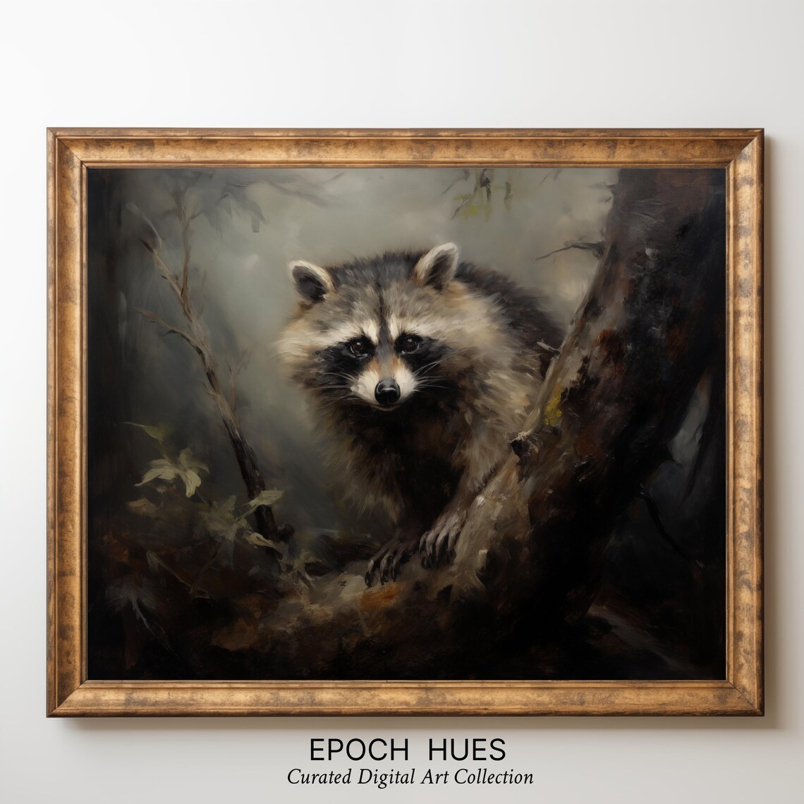 Raccoon In Dark Forest Vintage Wildlife Portrait Painting Poster