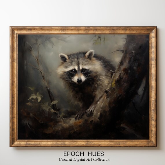 Raccoon In Dark Forest Vintage Wildlife Portrait Painting Poster