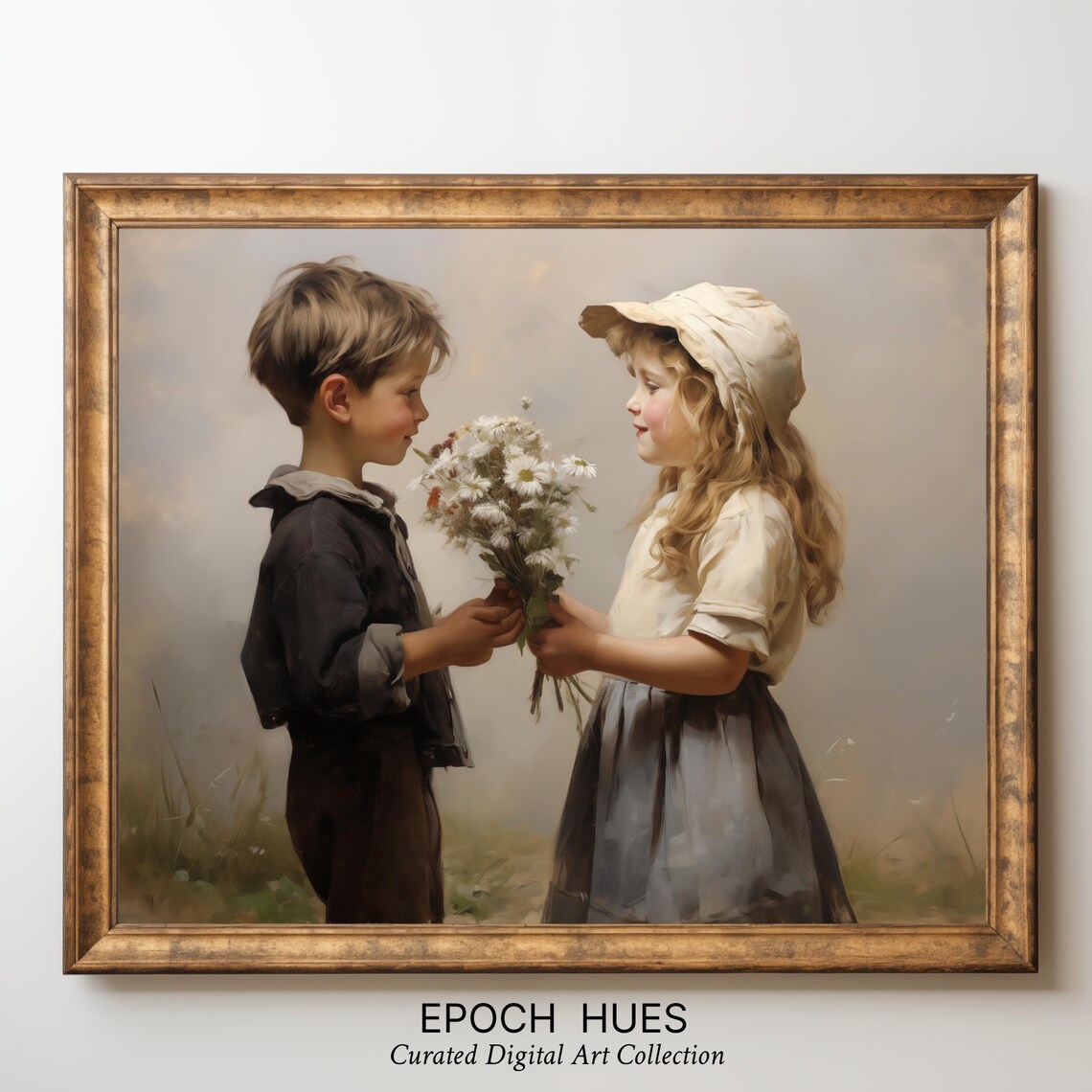 Boy Offering Girl Daisy Bouquet Vintage Children Painting Wall Art - Image 3