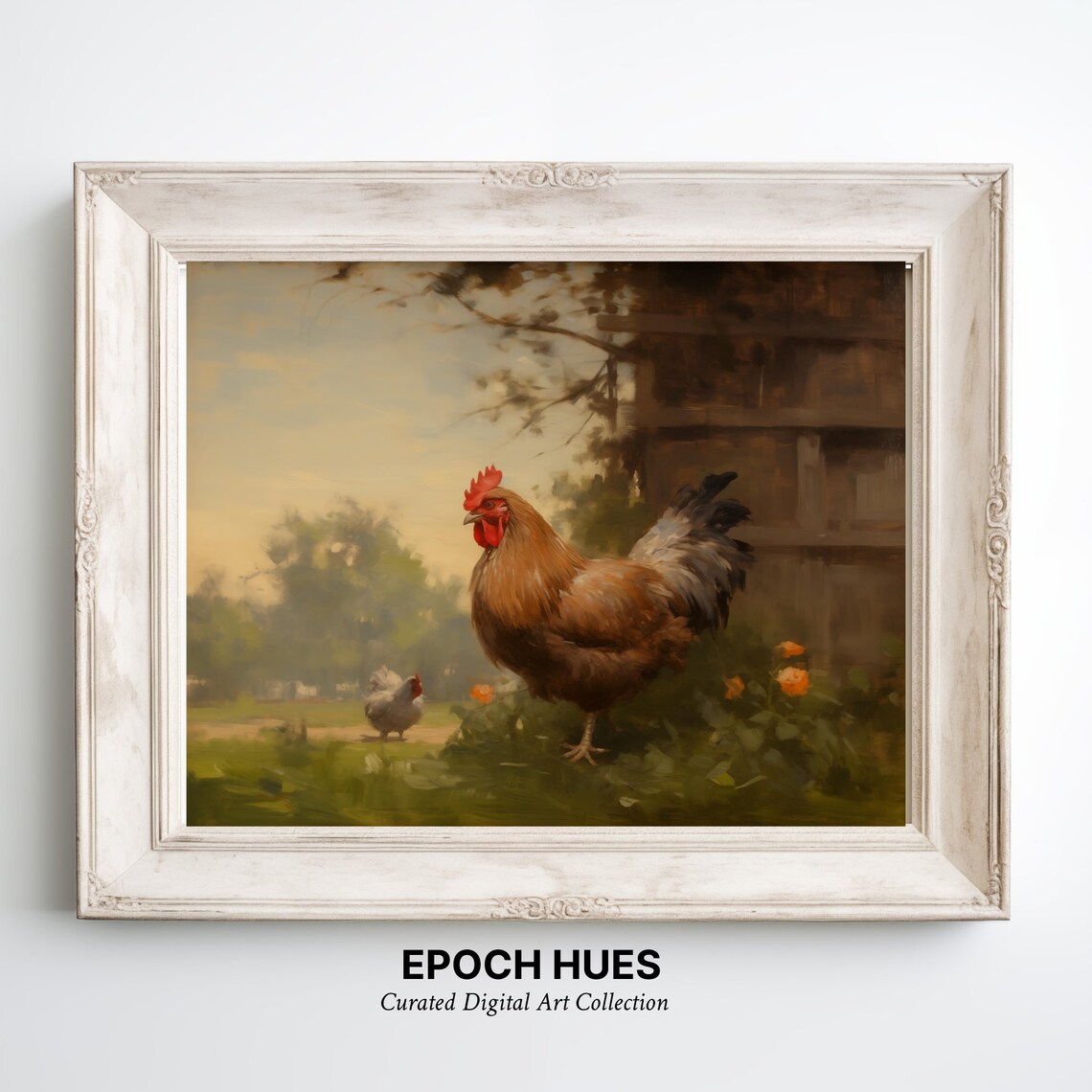 Proud Rooster With Hen in Farmyard at Sunrise Vintage Art Poster