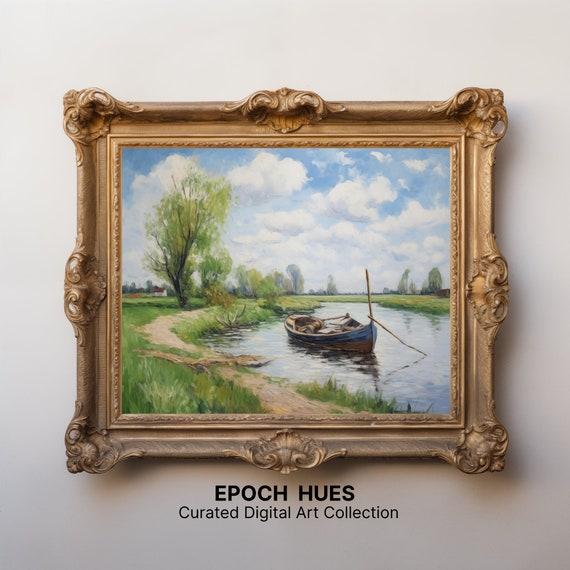 Serene River Landscape Painting Blue Boat Resting By Verdant Riverbank Artwork