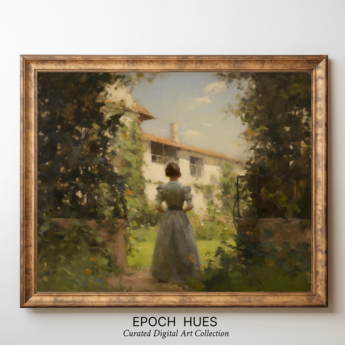 Woman In Gray Dress Walking In Garden Toward Villa Vintage Painting Poster - Image 3