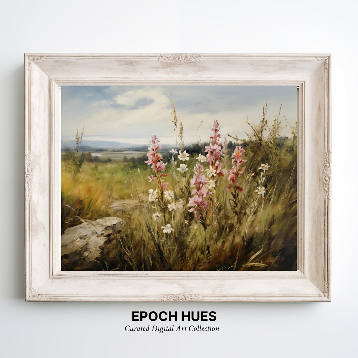 Pink Gladiolas Wildflower Field Sunny Meadow Painting Wall Art