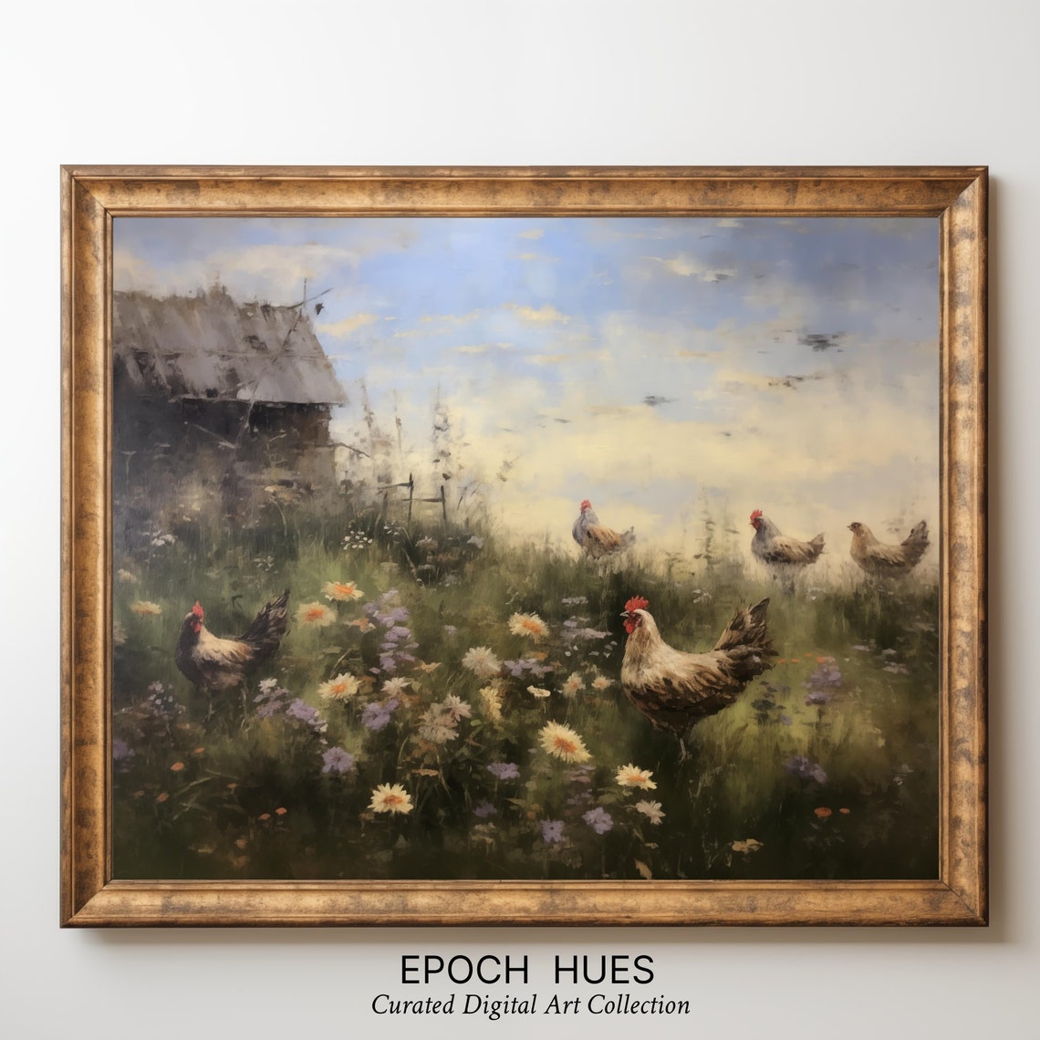 Hens Scattered in Wildflower Meadow Old Barn Rustic Country Poster - Image 3