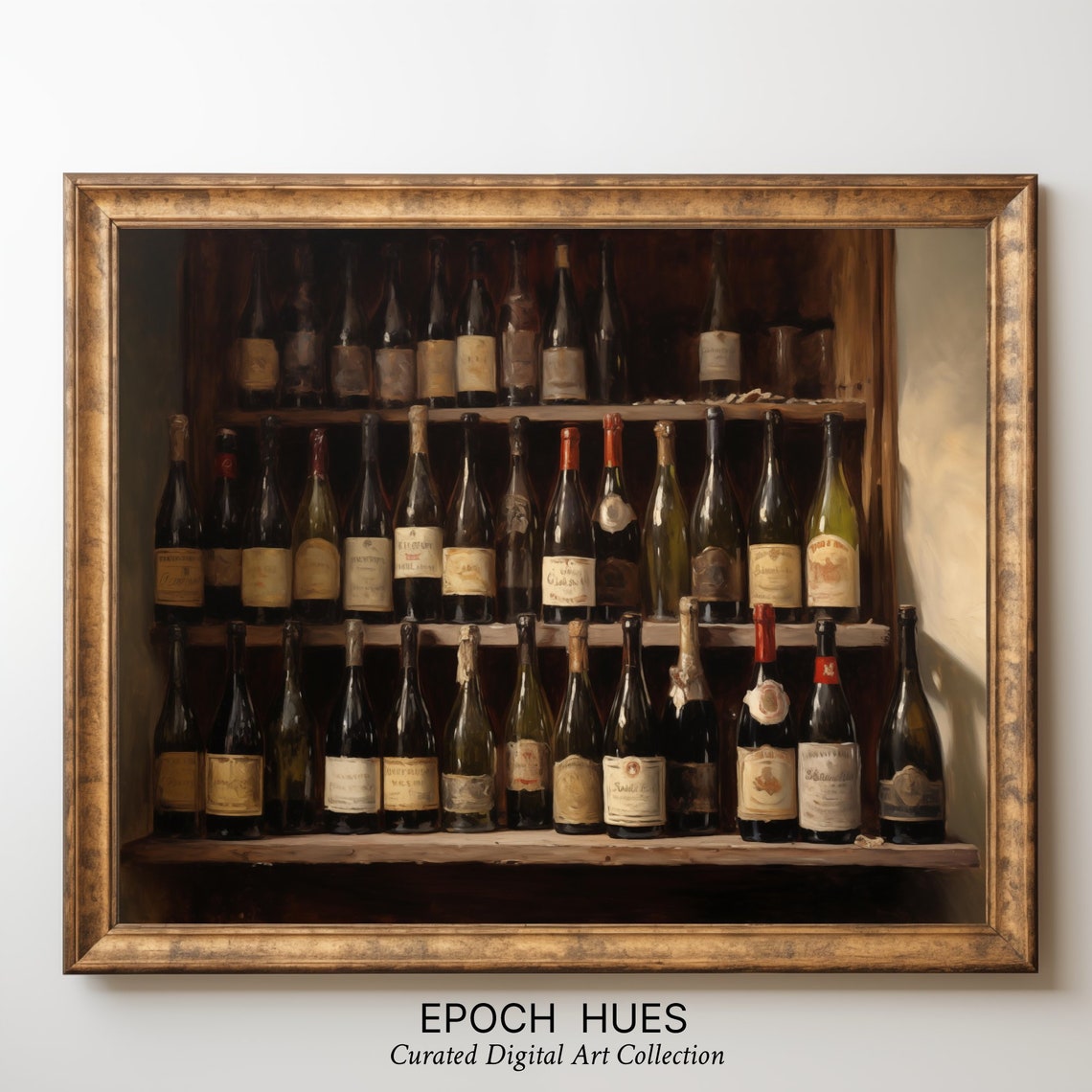 Vintage Wine Bottles Lined on Wooden Cellar Shelf Bar Art Poster - Image 3