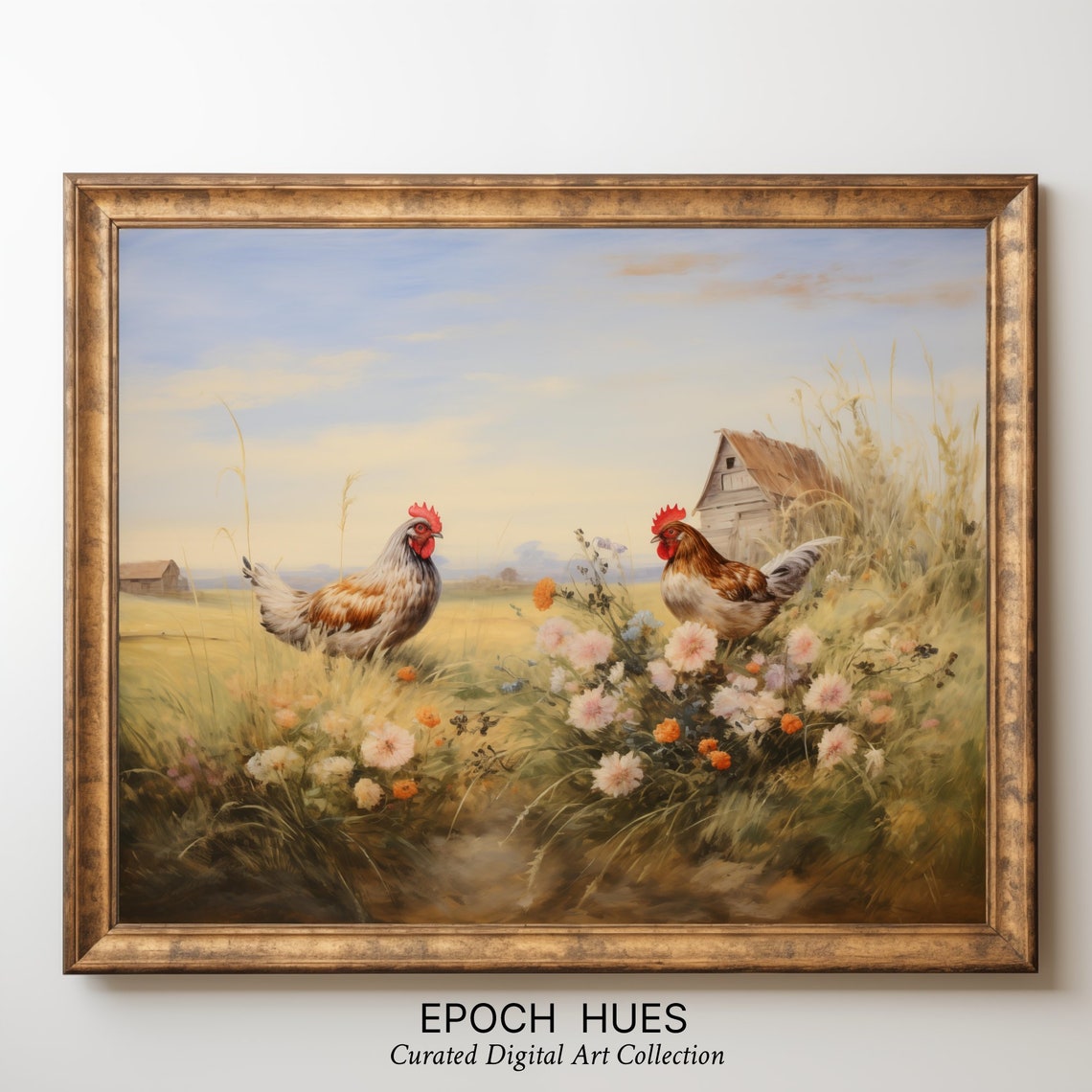 Two Roosters in Golden Meadow Wildflowers Barn Beyond Poster
