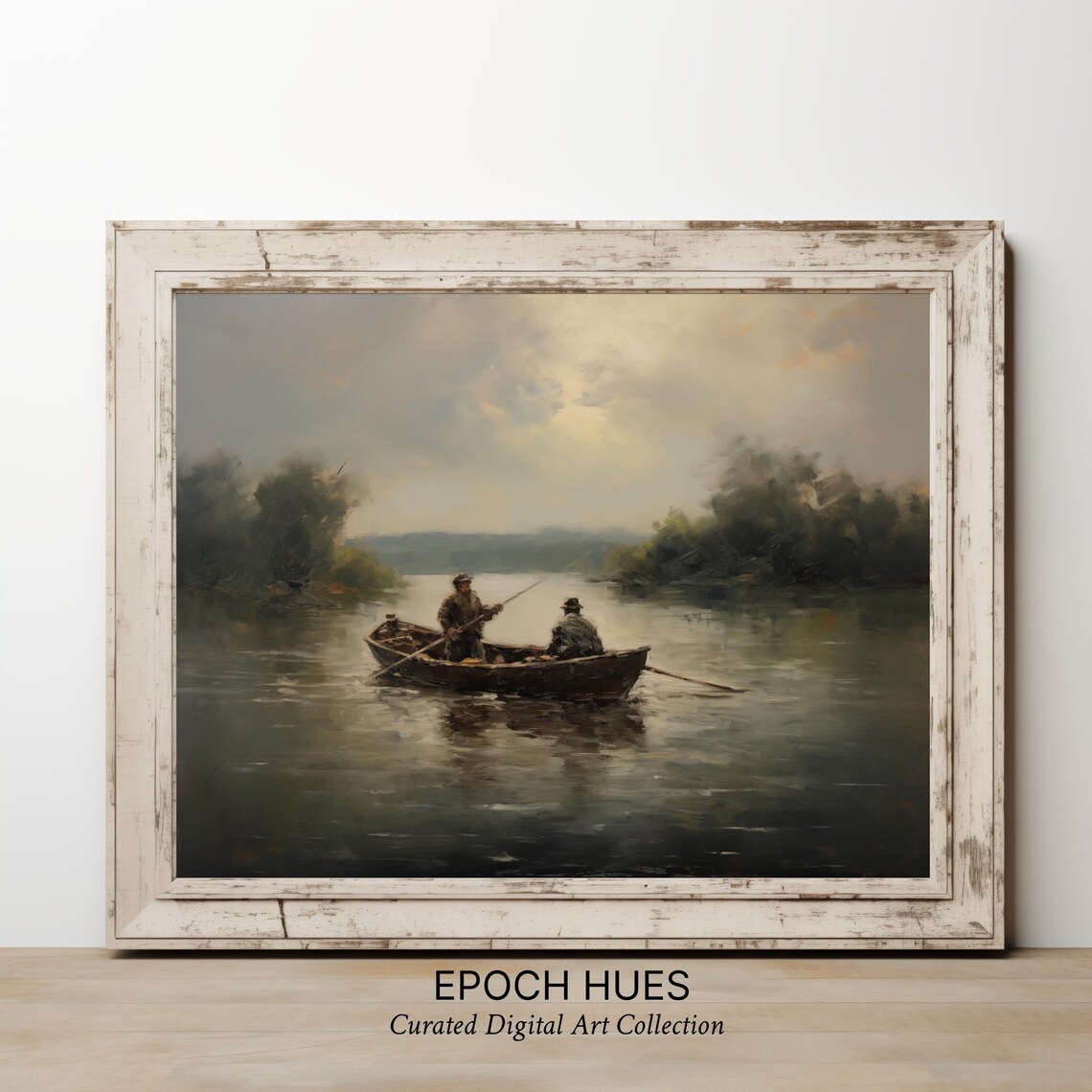 Two Fishermen in Rowboat on Misty Lake Vintage Fishing Poster - Image 2