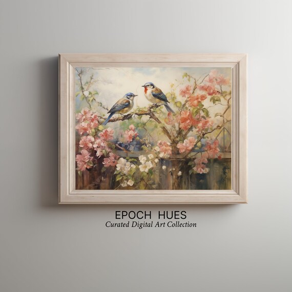 Two Bluebirds On Flowering Tree Pink Blossoms Spring Nature Painting Poster