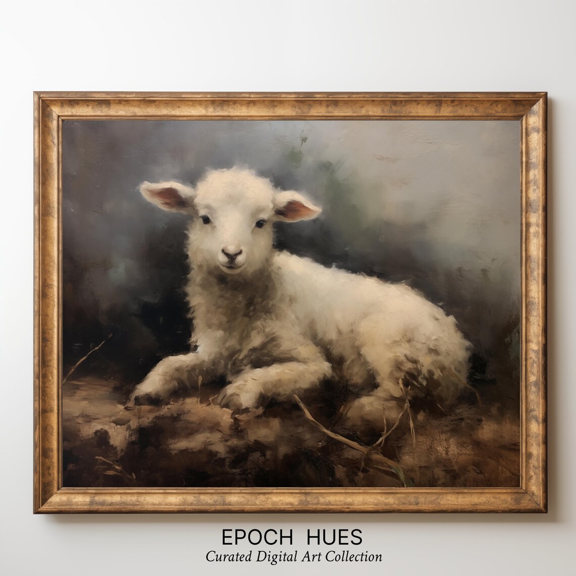 Adorable White Baby Lamb Resting Farm Animal Oil Painting Poster - Image 3