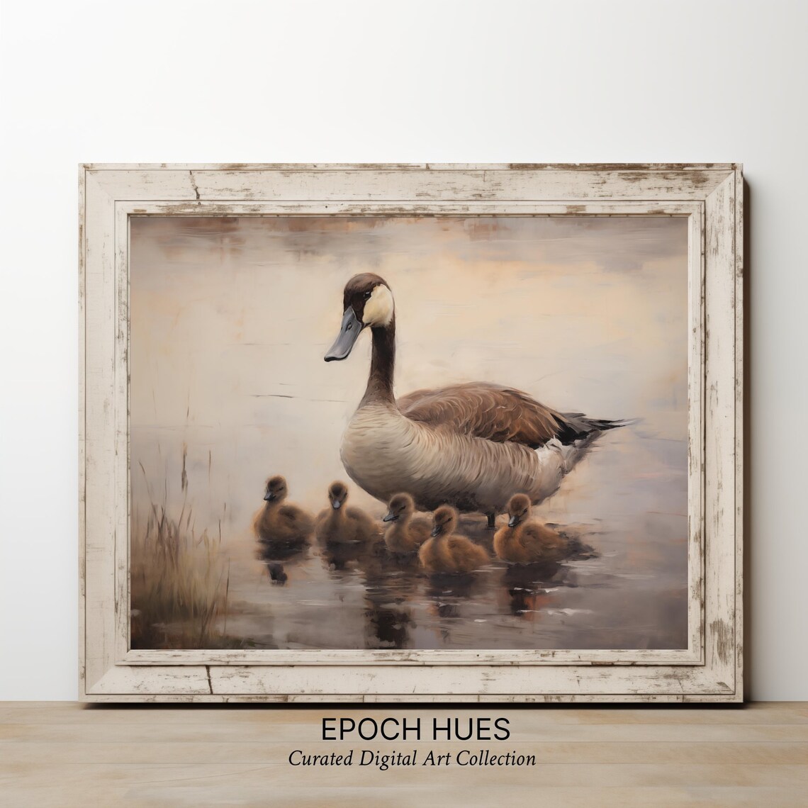 Mother Goose With Goslings Misty Water Wildlife Painting Poster - Image 3