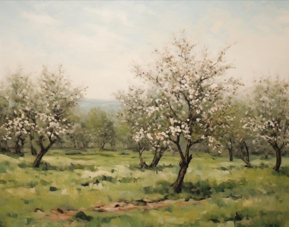 Spring Orchard Blossoming Trees Pastoral Landscape Painting Wall Art - Image 2