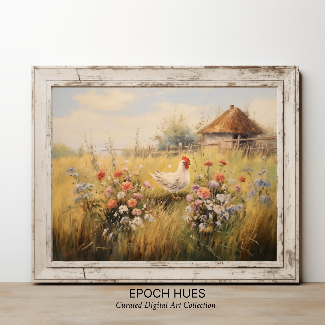 White Hen Among Wildflowers Wheat Field Cottage Painting Poster