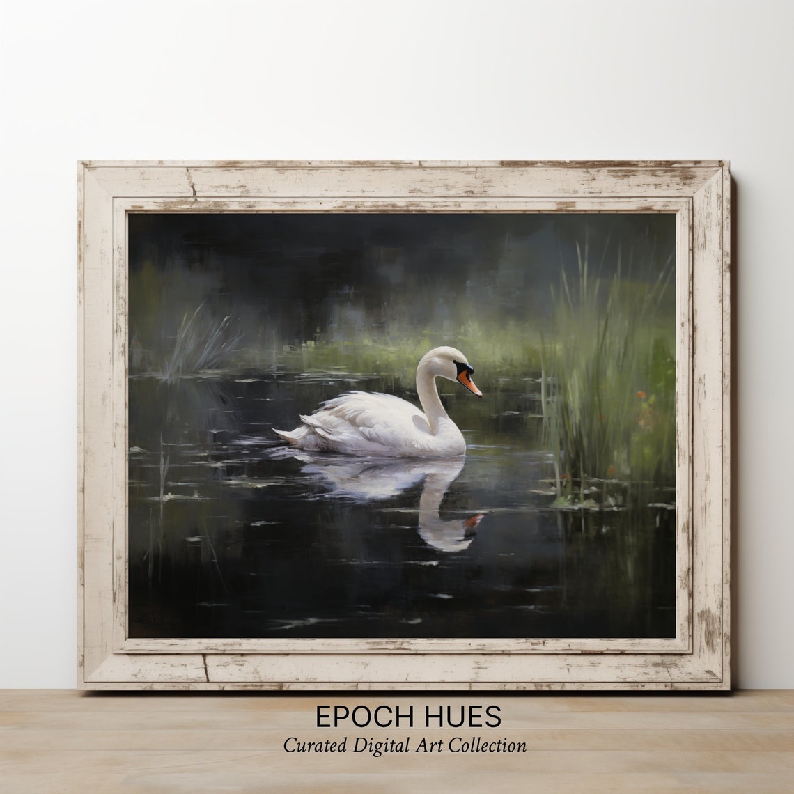 White Swan Gliding on Dark Pond With Reflection Elegant Art Poster - Image 3