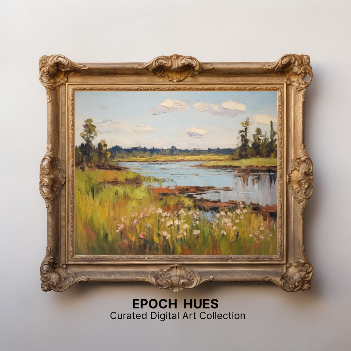 Impressionist Landscape, Serene River And Flower Fields - Image 2