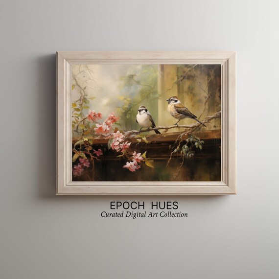 Two Songbirds On Blossoming Branch Pink Blossoms Nature Painting Poster