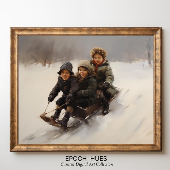 Three Children Sledding Down Snowy Hill Vintage Winter Poster