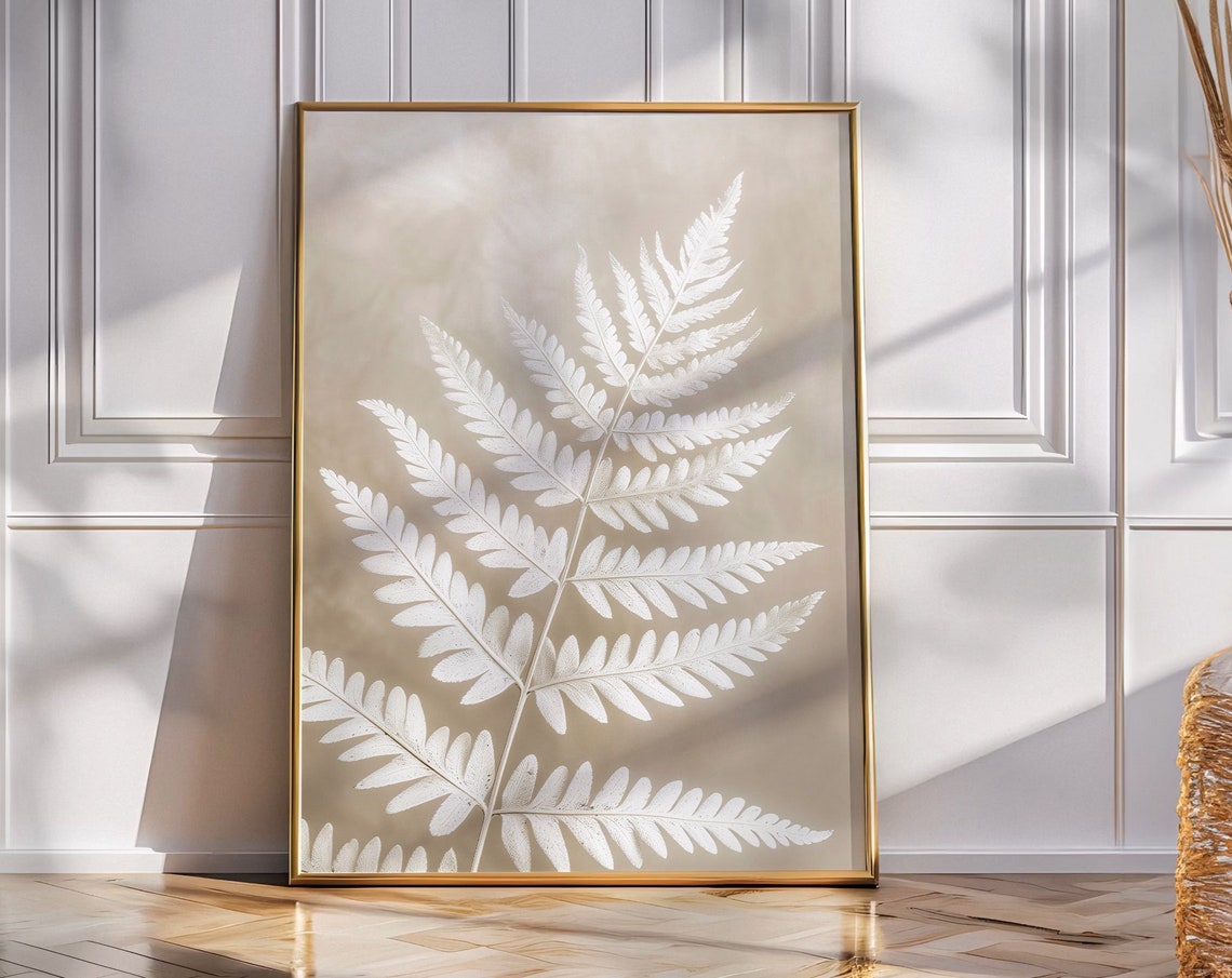 White Fern Fronds Photorealistic Botanical Print On Beige Wall