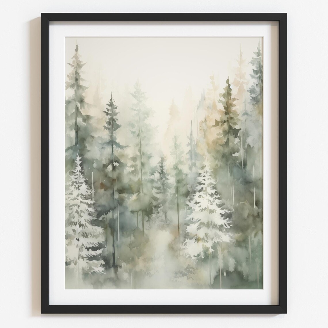 Misty Pine Forest Watercolor Tall Snowy Pines Winter Wall Art