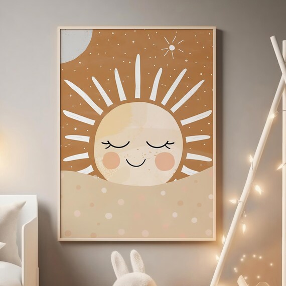 Smiling Sun Rising Boho Terracotta Nursery Kids Room Decor Poster