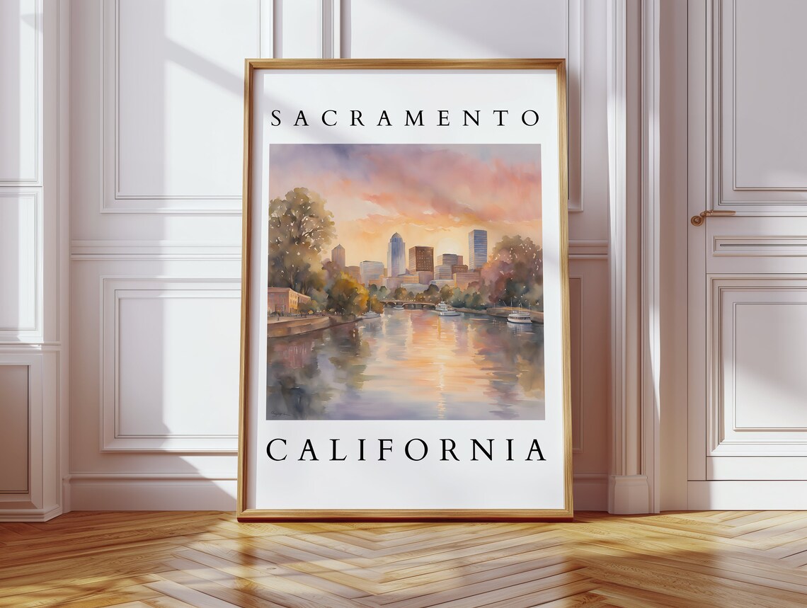 Sacramento California Riverfront Sunset Watercolor Travel Poster