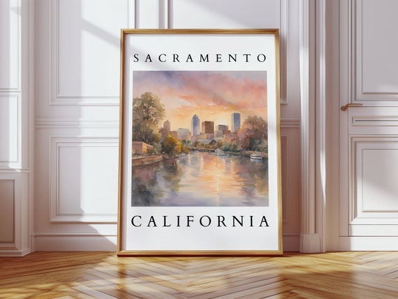 Sacramento Watercolor Print Cityscape Art Sunset Skyline Wall For Home Decor