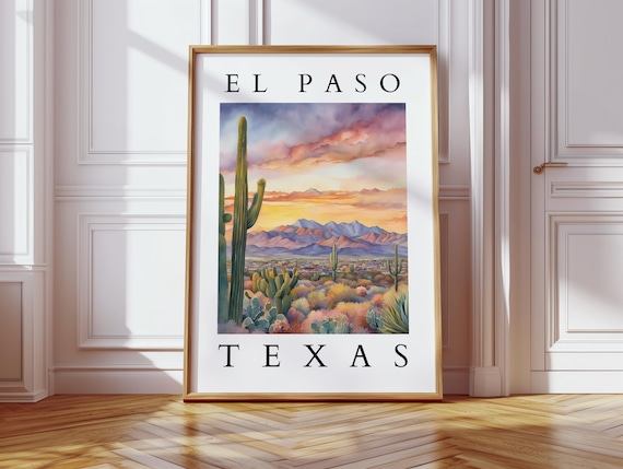 El Paso Texas Desert Sunset Cactus Mountains Watercolor Landscape Poster