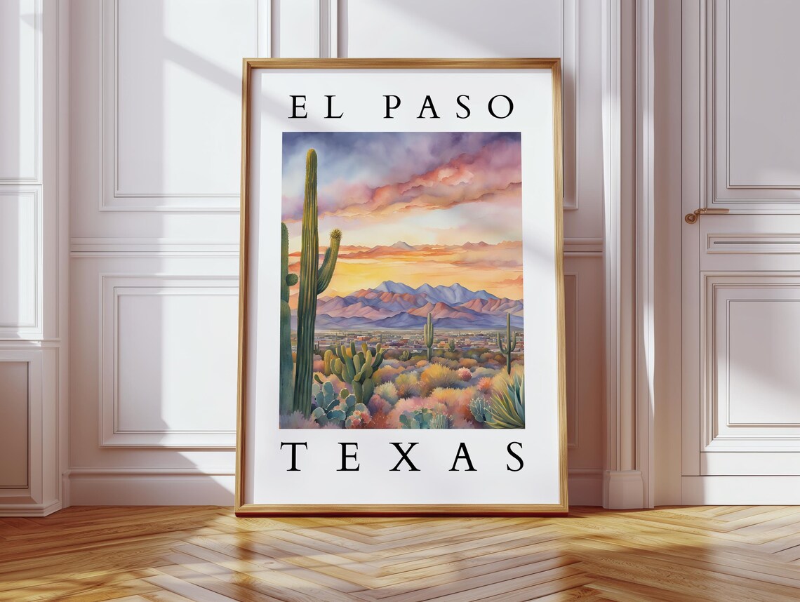 El Paso Texas Desert Sunset Cactus Mountains Watercolor Landscape Poster