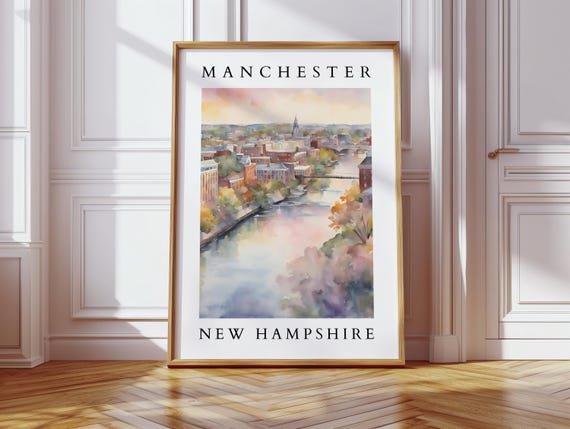 Manchester New Hampshire Autumn River City Watercolor Poster
