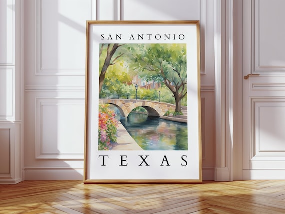 San Antonio Texas River Walk Bridge Watercolor Travel Art Poster