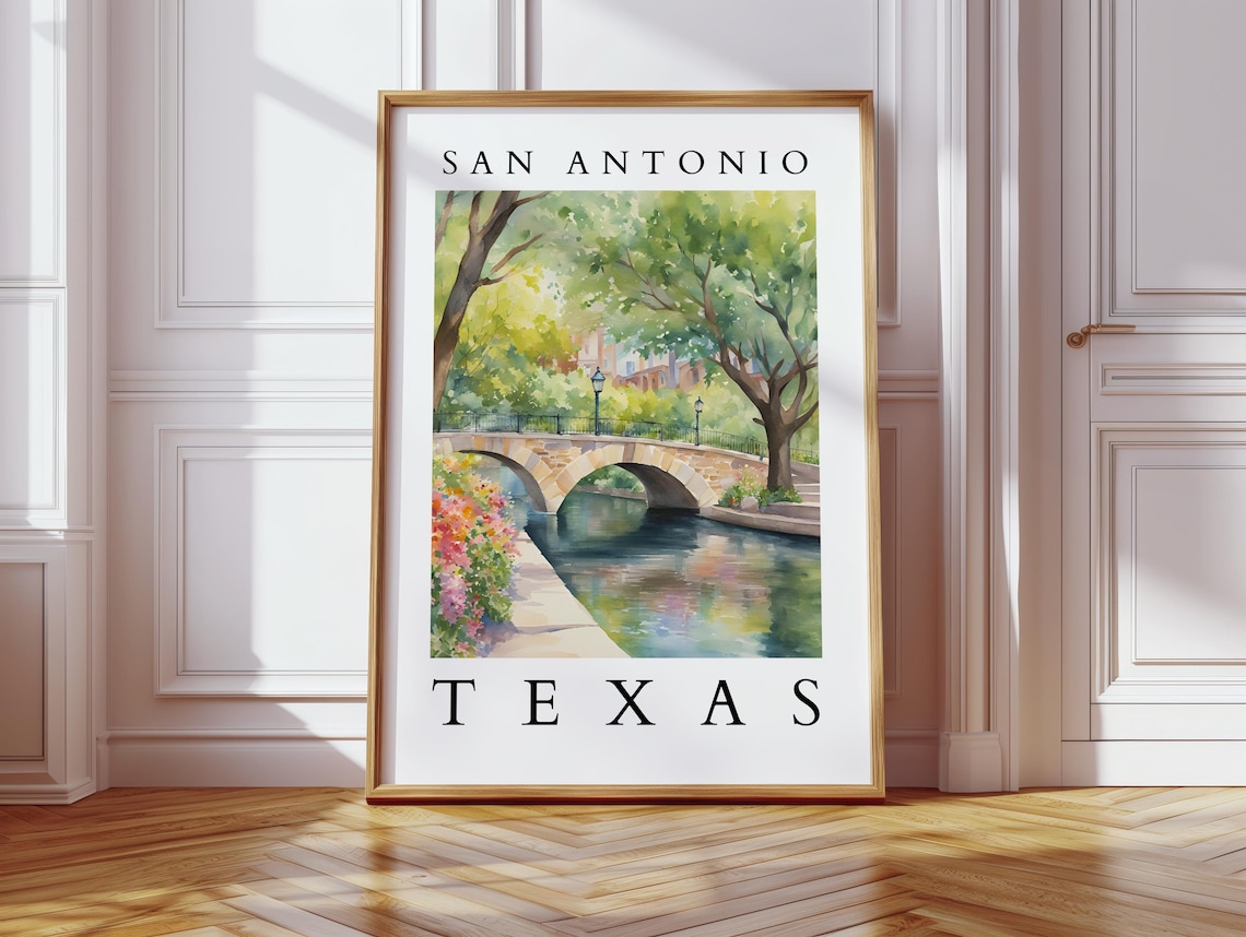 San Antonio Texas River Walk Bridge Watercolor Travel Art Poster