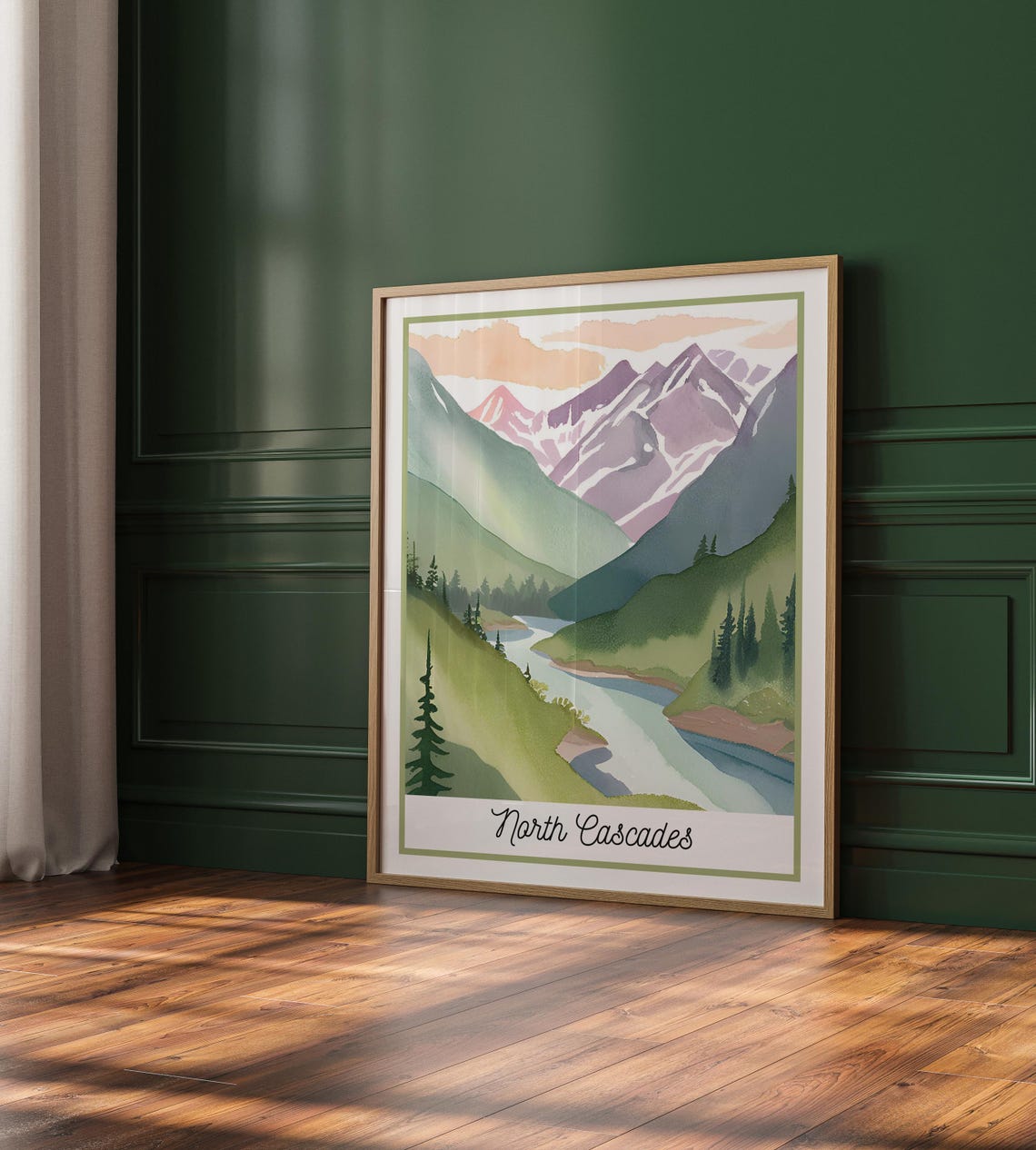 North Cascades National Park Watercolor Mountain River Valley Poster