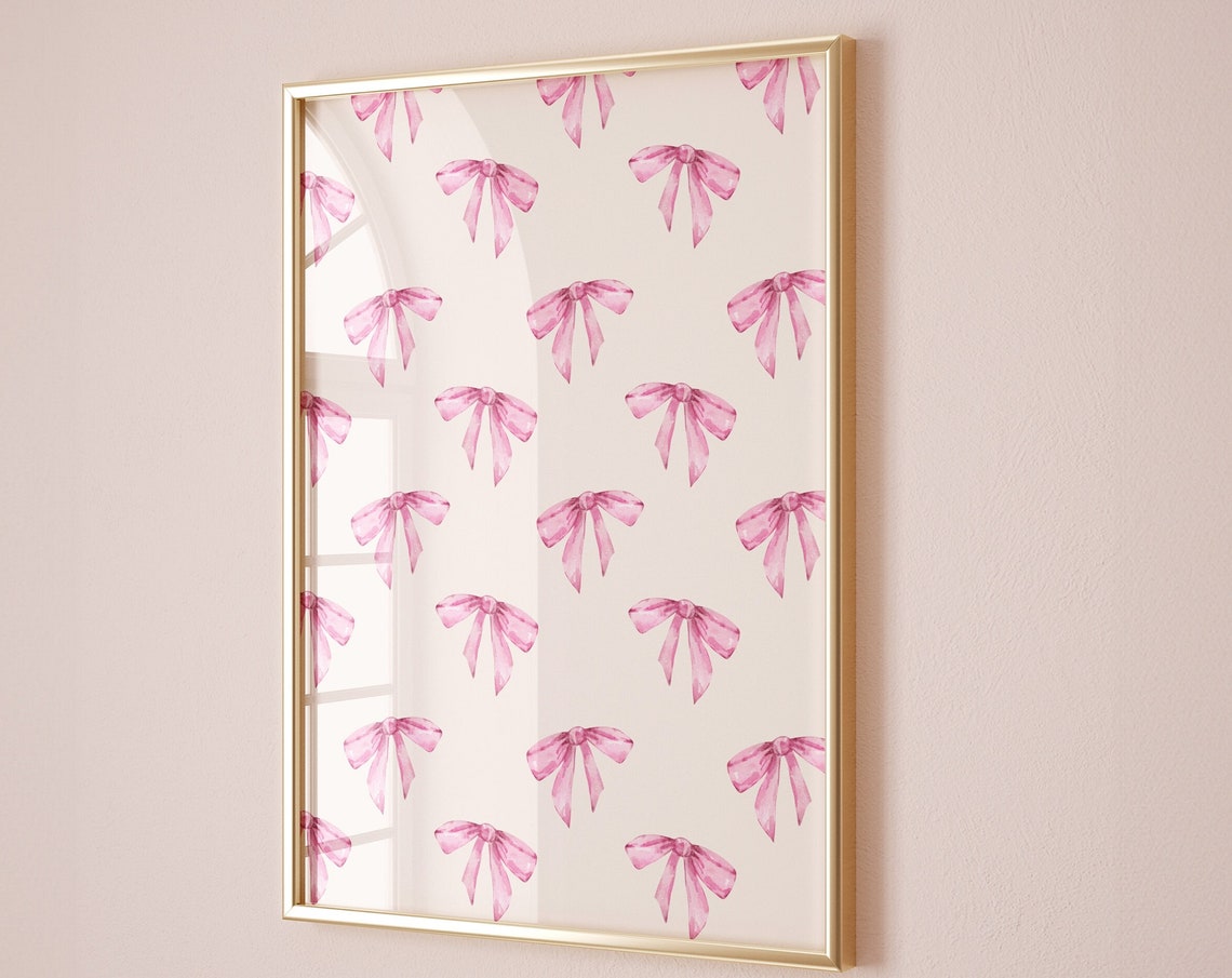 Blush Pink Watercolor Bows Pattern Coquette Girly Ribbon Wall Art