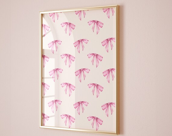 Blush Pink Watercolor Bows Pattern Coquette Girly Ribbon Wall Art