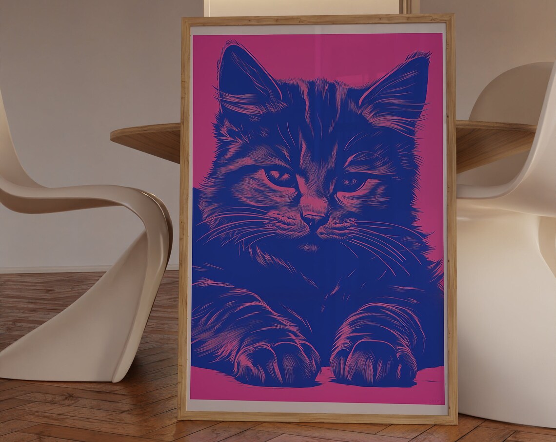 Cat Wall Art Pink Kitten Cute Illustration Lover Gift Trendy