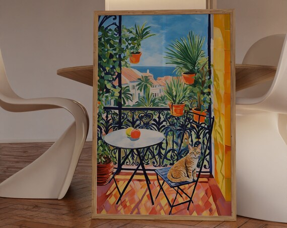 Orange Cat on a Sunlit Mediterranean Balcony Fauvist Style Art Poster