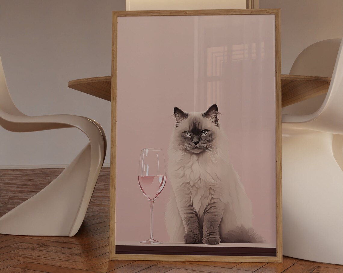 Cute Fluffy Ragdoll Cat Pink Wine Glass Funny Kitten Illustration Print