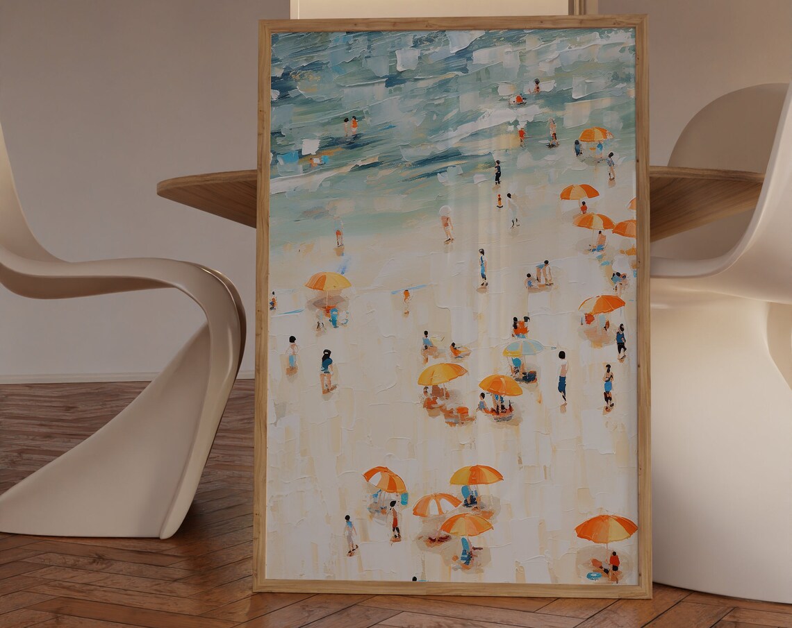 Aerial Beach View Orange Umbrellas Turquoise Water Oil Poster