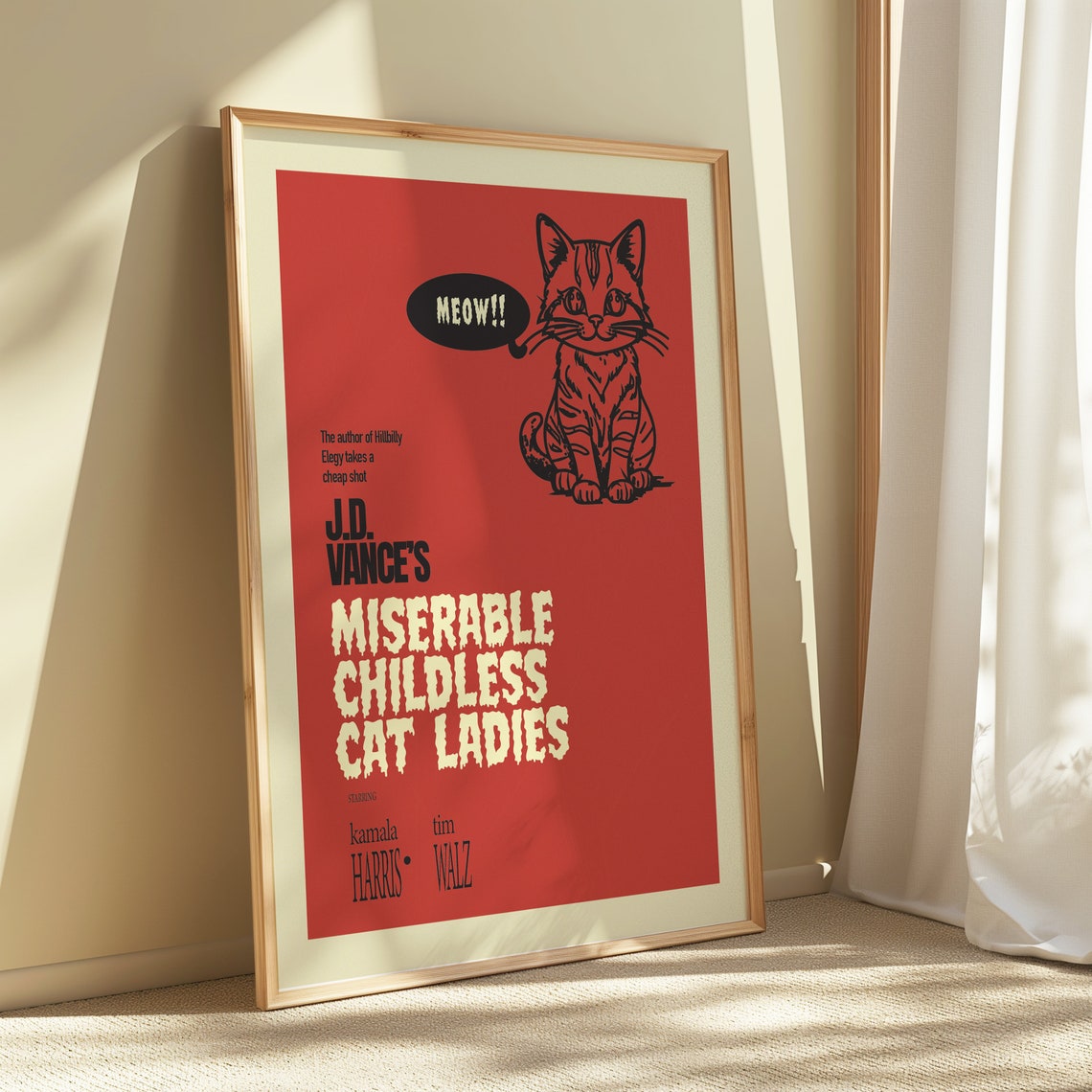 J D Vance Miserable Childless Cat Ladies Satirical Red Movie Poster