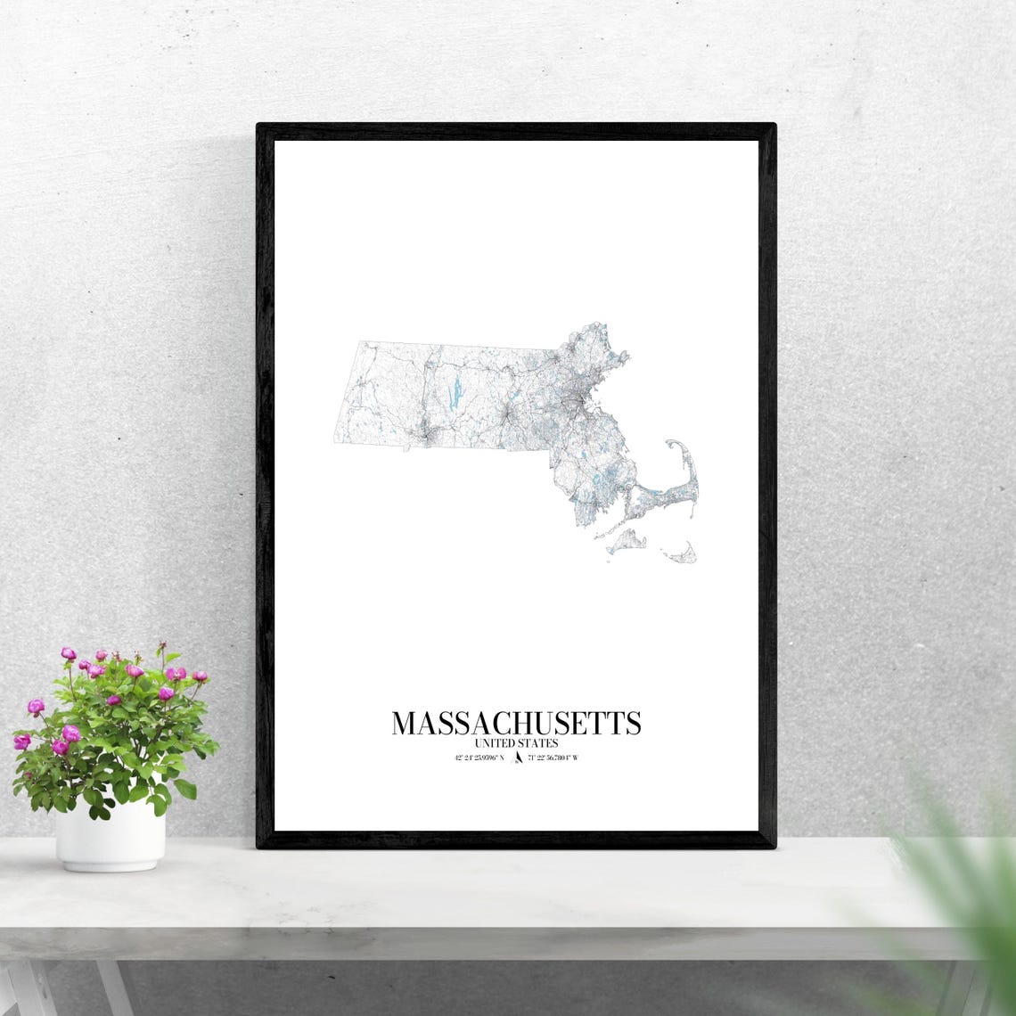 Massachusetts State Road Map Minimalist Black and White Art Poster