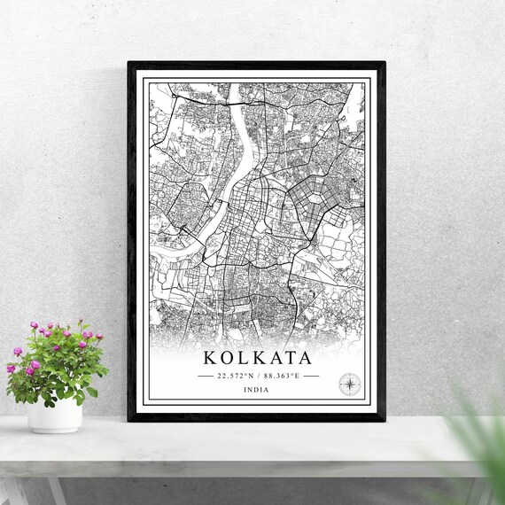 Kolkata India Black and White City Map Poster with Coordinates Art