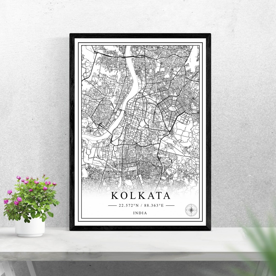 Kolkata India Black and White City Map Poster with Coordinates Art