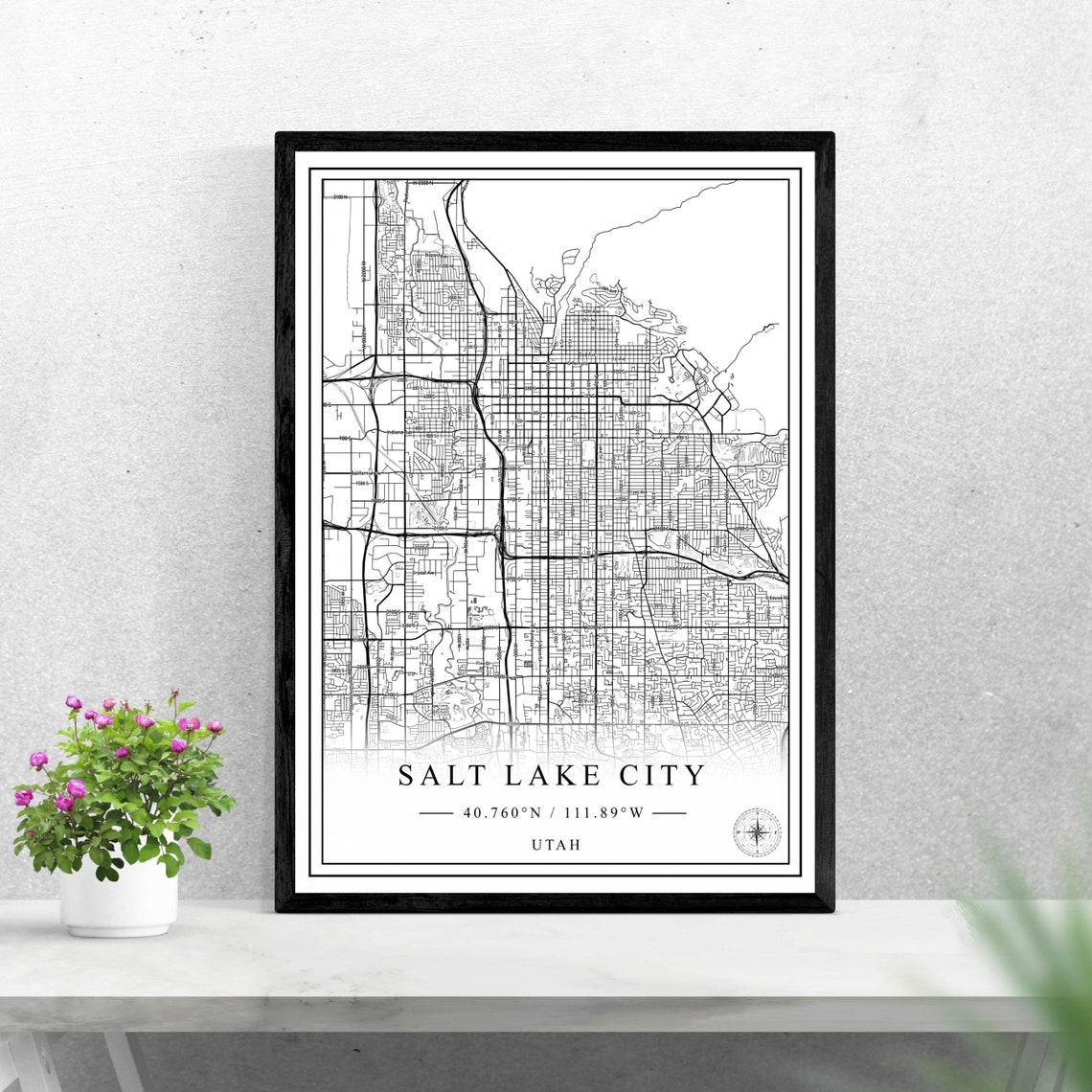 Salt Lake City Utah Black and White Minimalist City Map Print