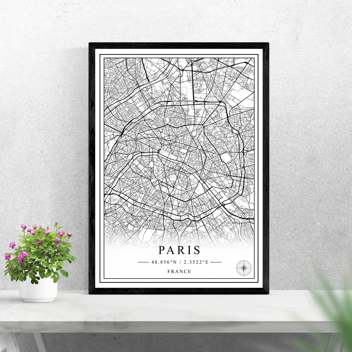 Paris France Detailed Black and White City Street Map Poster