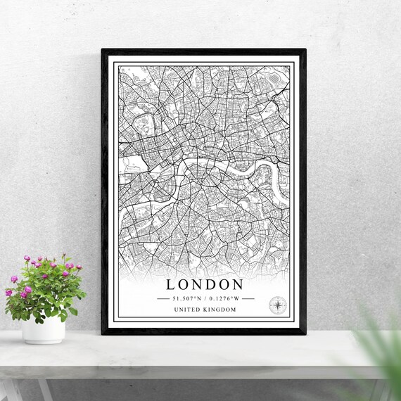 London City Map Poster, Black and White United Kingdom Travel Decor